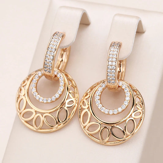 Women's Unusual Metal Sculpture Flower Natural Zircon 585 Rose Gold Dangle Earrings