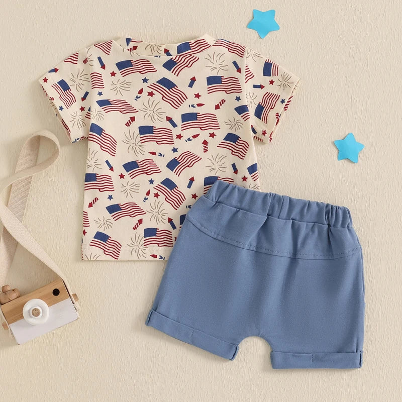 0-3Y Infant Baby Boys American Flag Clothes Sets Short Sleeve Flag Print T Shirts Drawstring Shorts Set