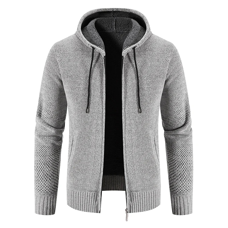 Men's Hooded Fleece Cardigan - Warm Knitted Sweater Jacket with Zipper