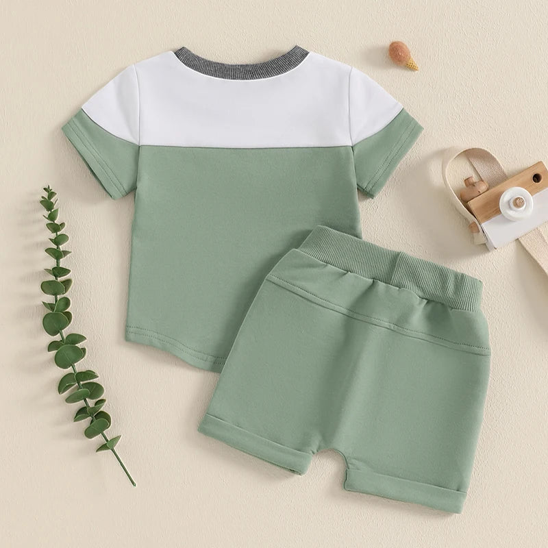 0-3Y Toddler Baby Boys Casual Clothes Set Contrast Colour Round Neck Short Sleeve Tops Pockets Shorts