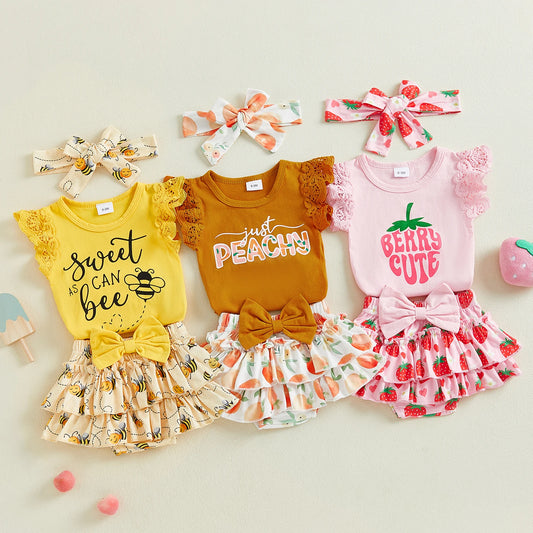 0-18M Baby Girls Summer Clothes Sets Flying Sleeves Letter Fruit Print Romper Tiered Ruffled Shorts with Headband