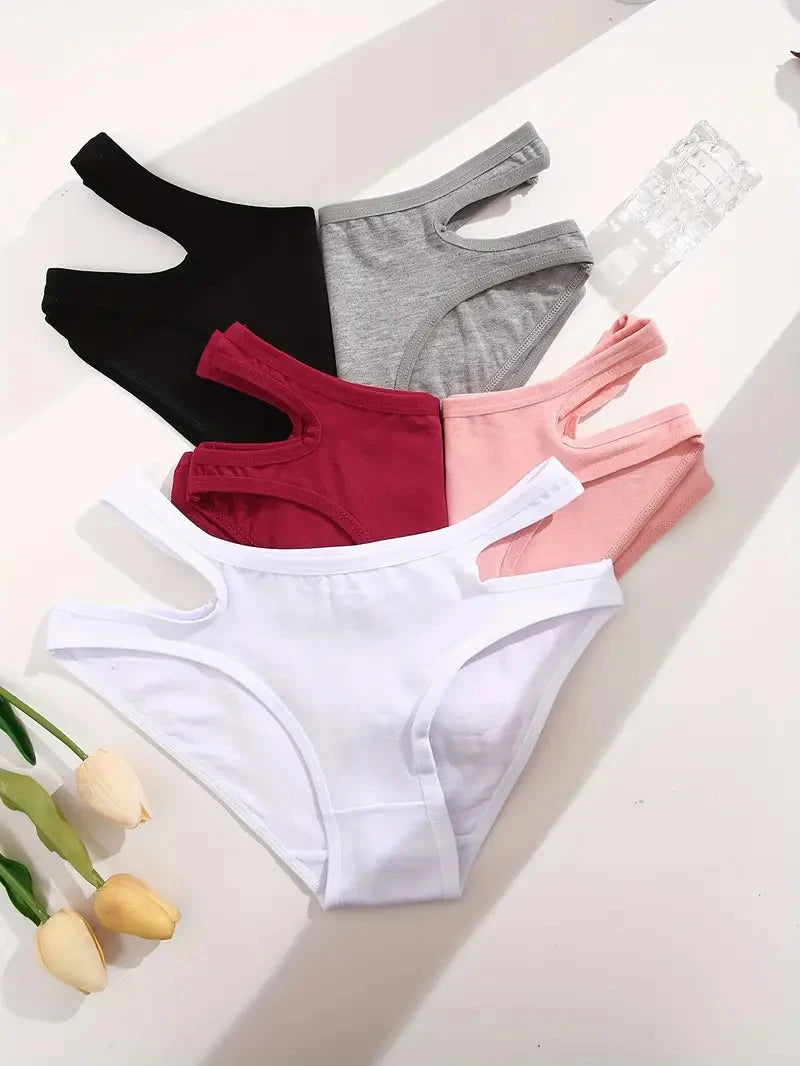 5 Pcs Women Cotton Double Straps Panties Sexy Hollow Out Breathable Briefs Female Low Waist Solid Elastic Lingerie S-XL