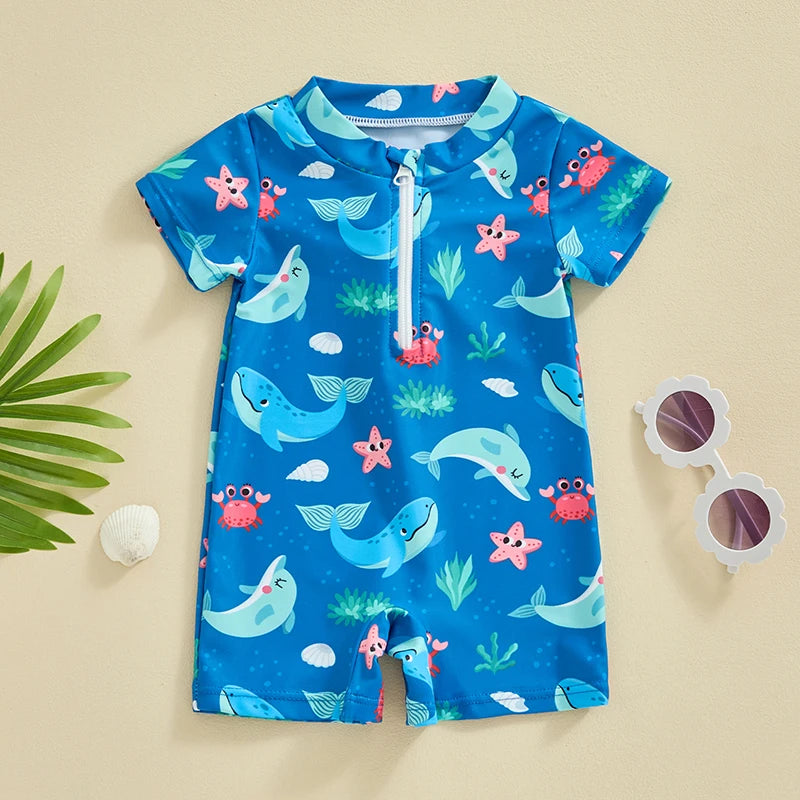 Baby Boys Beachwear 0-3Y Short Sleeve Turtle Dolphin Print Swimsuit Jumpsuit Summer Swimwear