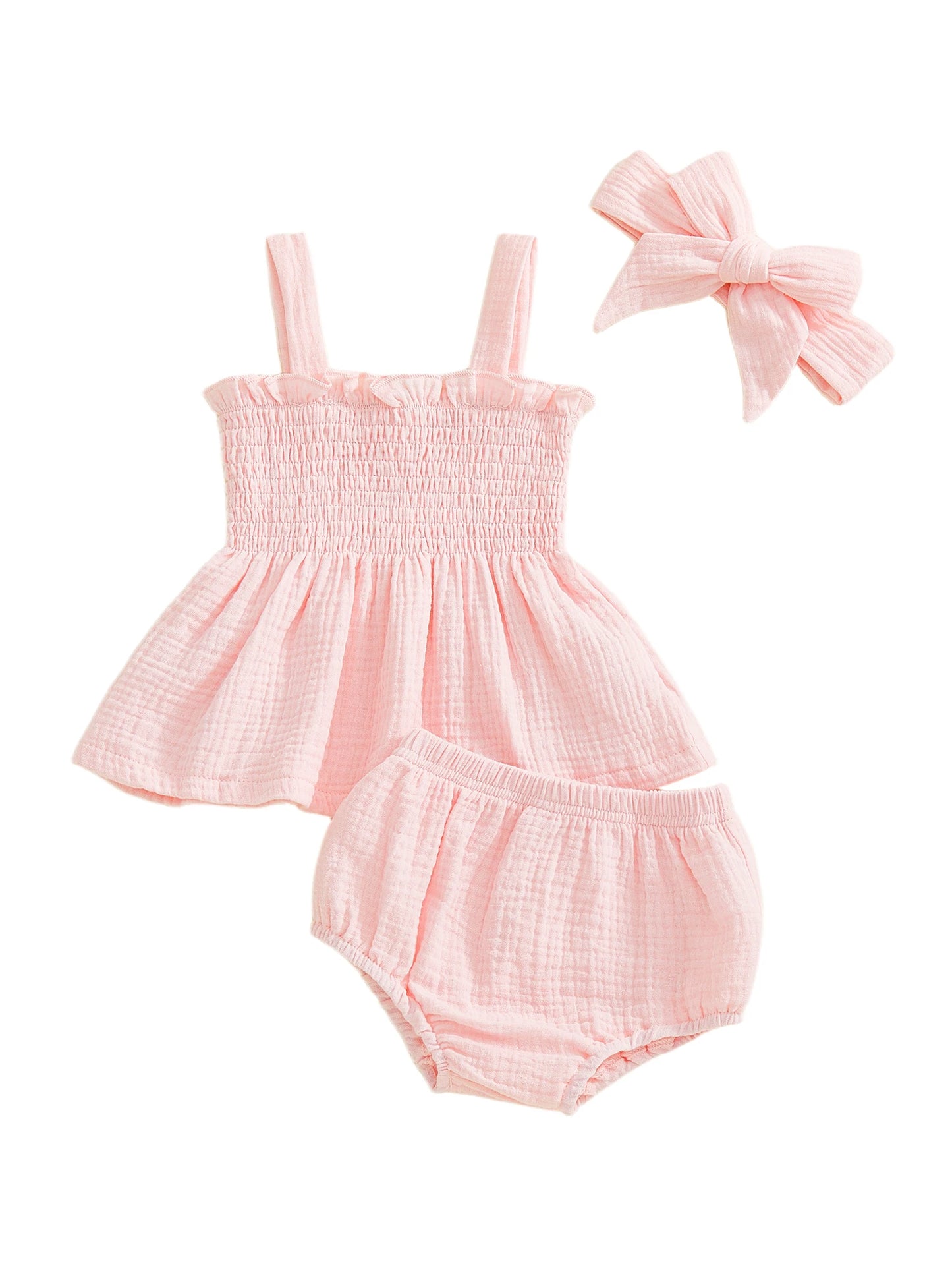 Baby Girls Summer Outfit Set - Ruffled Smocked Top, Shorts & Headband (0-24M)
