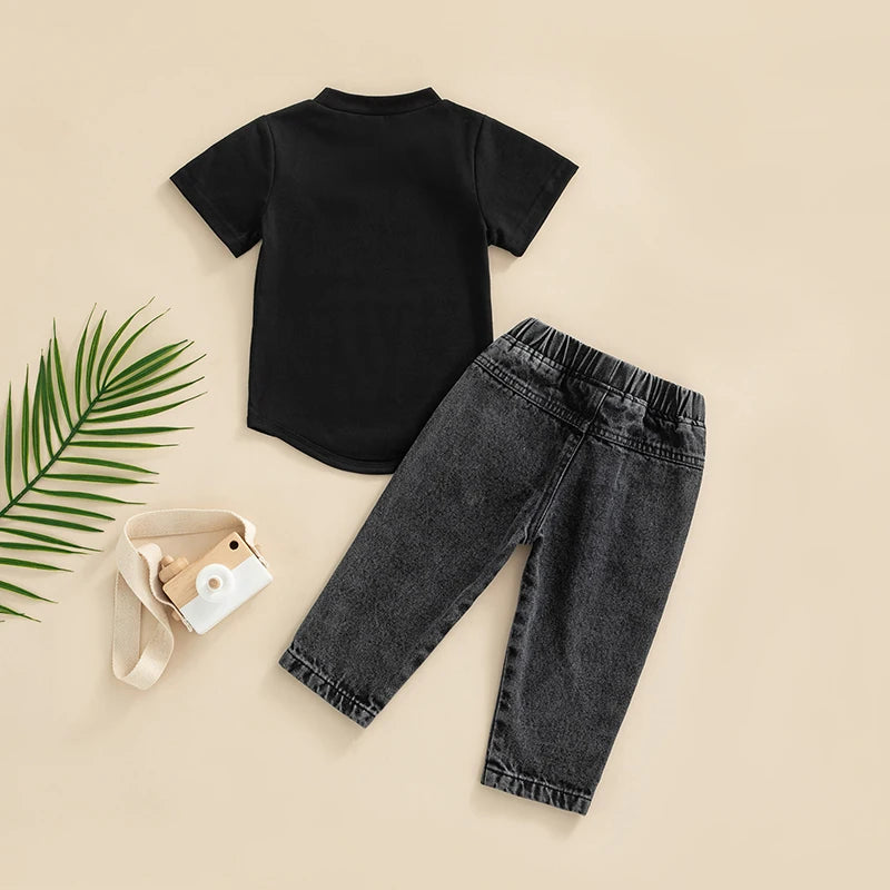 0-3Y Summer Infant Baby Boys 2pcs Clothes Sets Outfits Solid Colour Short Sleeve T-Shirt Tops and Ripped Jeans Denim Trousers