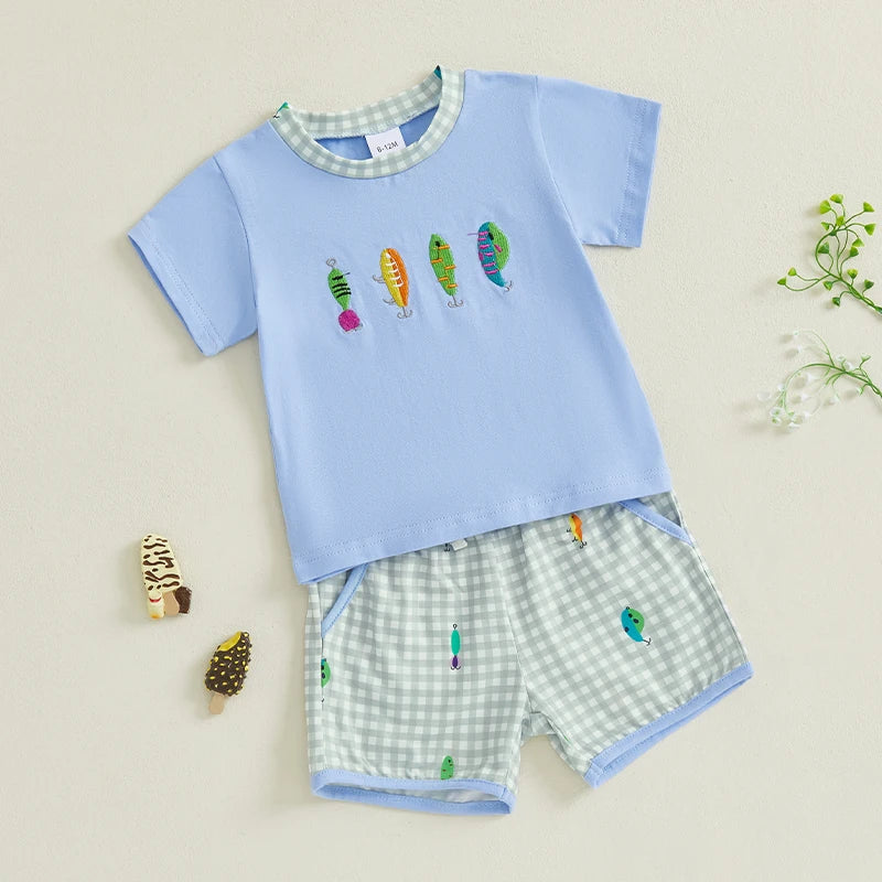 0-4Y Casual Kids Boys Summer Clothes Sets Short Sleeve Fish Embroidery T Shirt and Plaid Drawstring Shorts Set