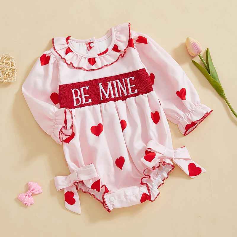 Baby Girls Valentine's Day Romper - Heart Print with Letter Embroidery & Bow (0-24M)