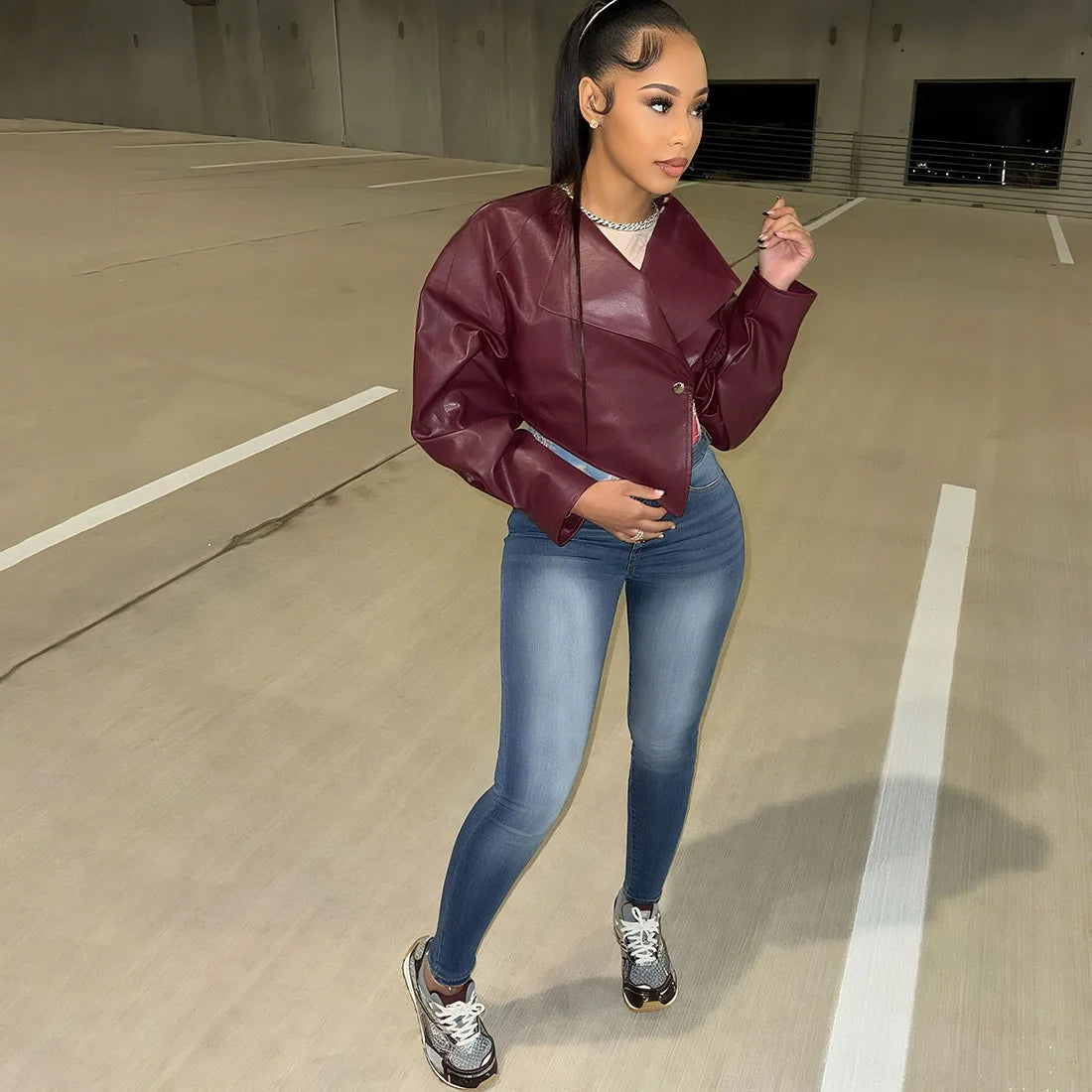 Women's PU Leather Cropped Jacket - Asymmetrical Single Button Coat