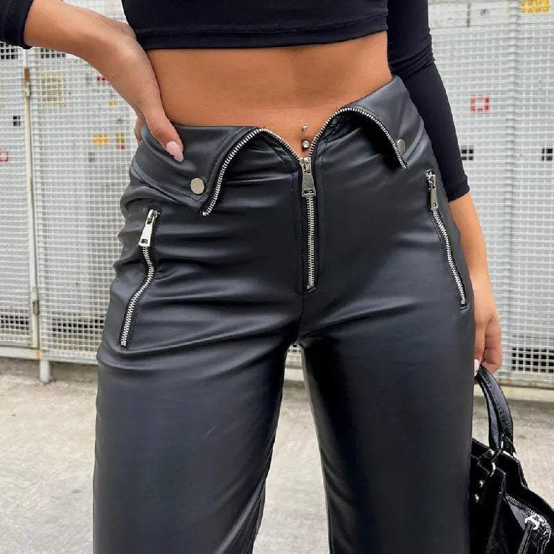 Women's PU Leather Zip Up High Rise Chic Straight Leg Trousers