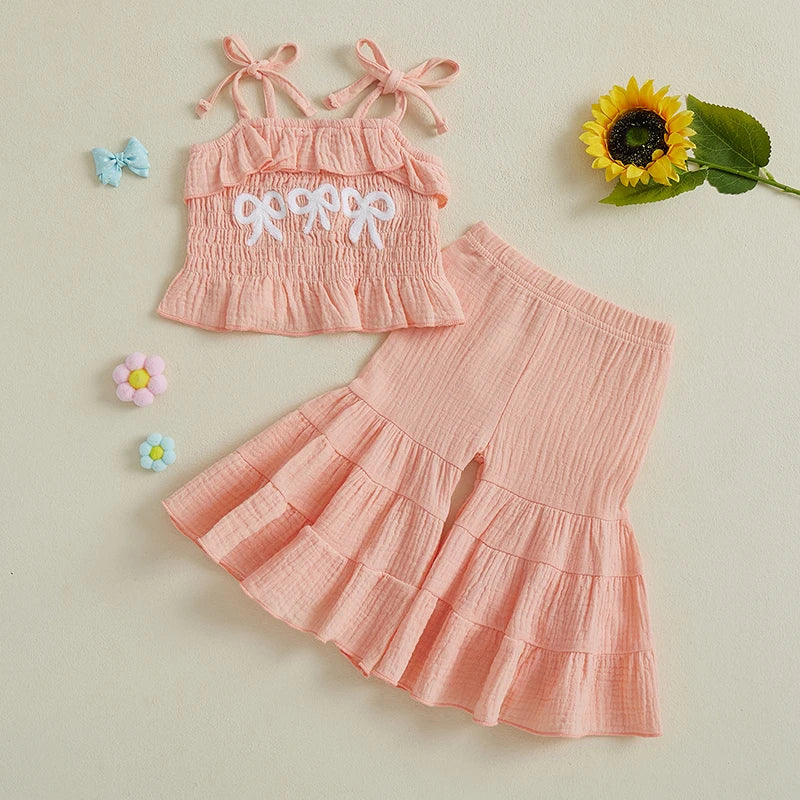 0-6Y Kids Girls Summer Clothes Set Bow Embroidery Tie-Strap Tank Top with Solid Color Flare Pants