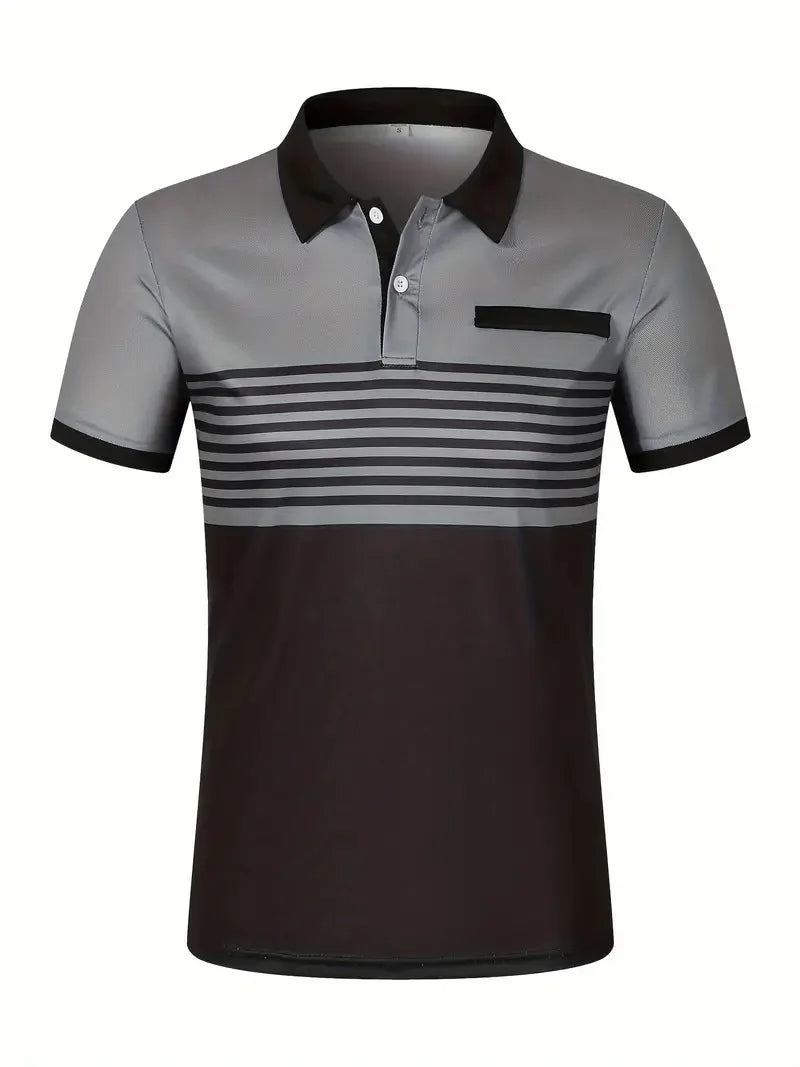 Men's Summer Polo Patchwork Short Sleeve Smart Casual Striped Turn Down Collar Shirt