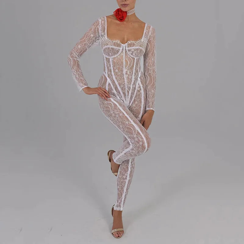 Women's Sheer Lace Hollow Out Jumpsuits Zip Up Backless Outfits - Unitards Square Neck One Piece