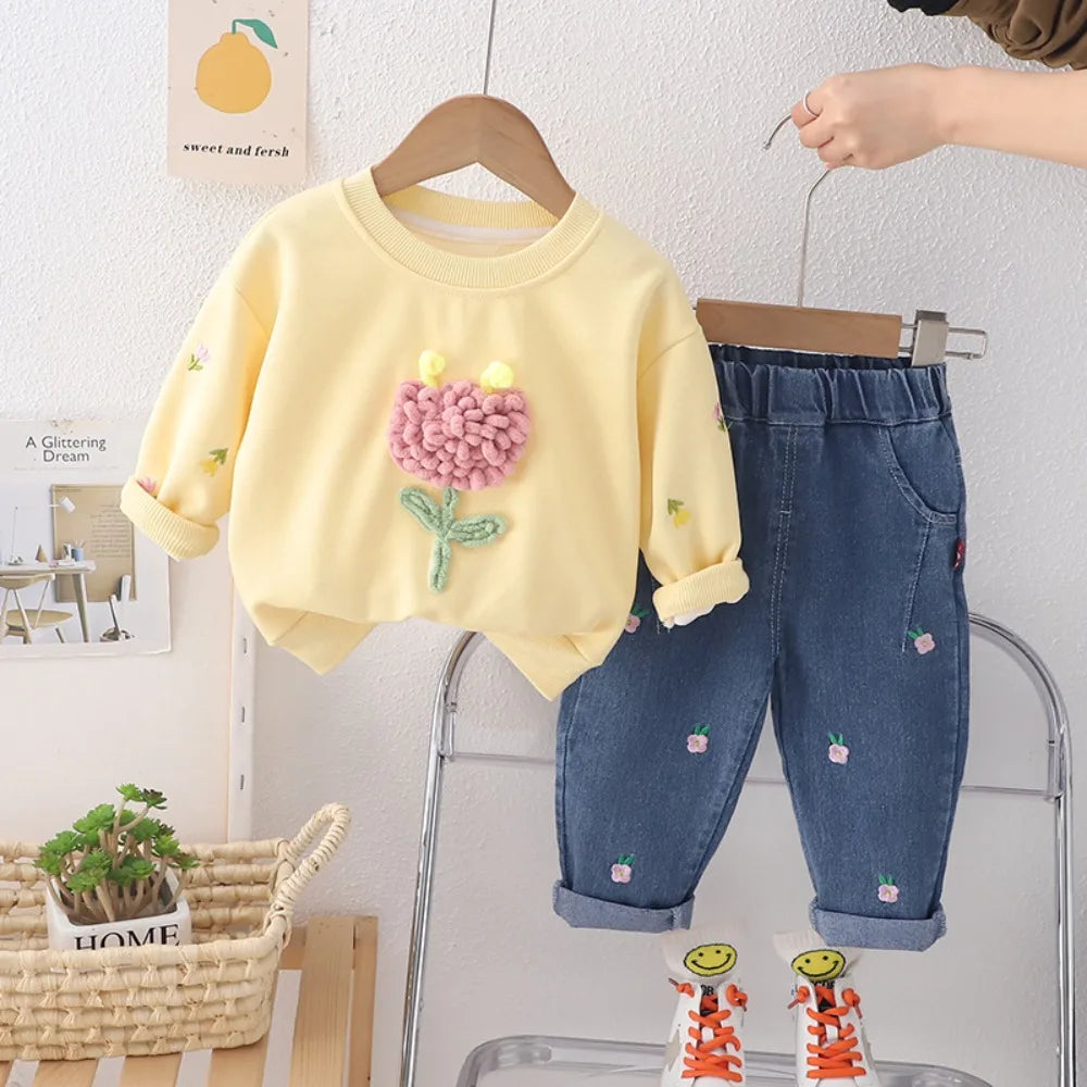 Girl's Clothing Autumn Long Sleeved Round Neck Top and Jeans 2-piece Three-dimensional Flower Spring Outfit Set
