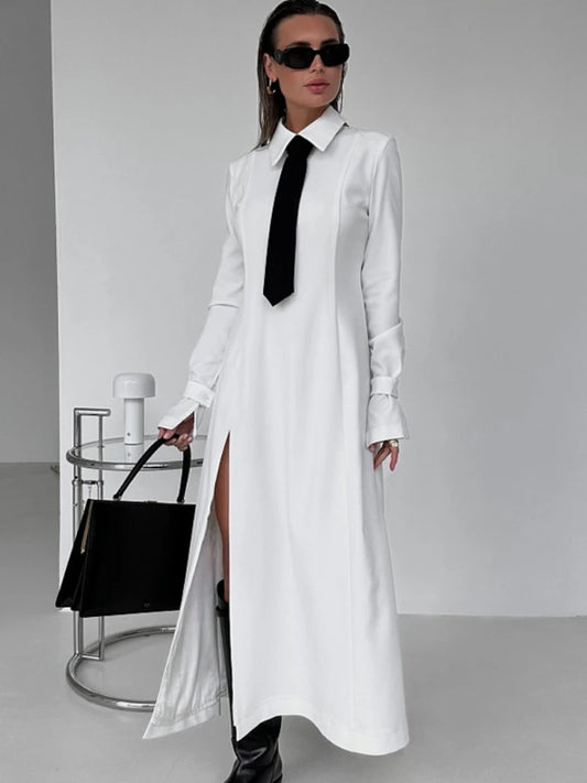 Women's Side Slit Long Turn Collar Tie Midi Loose Slender Dress