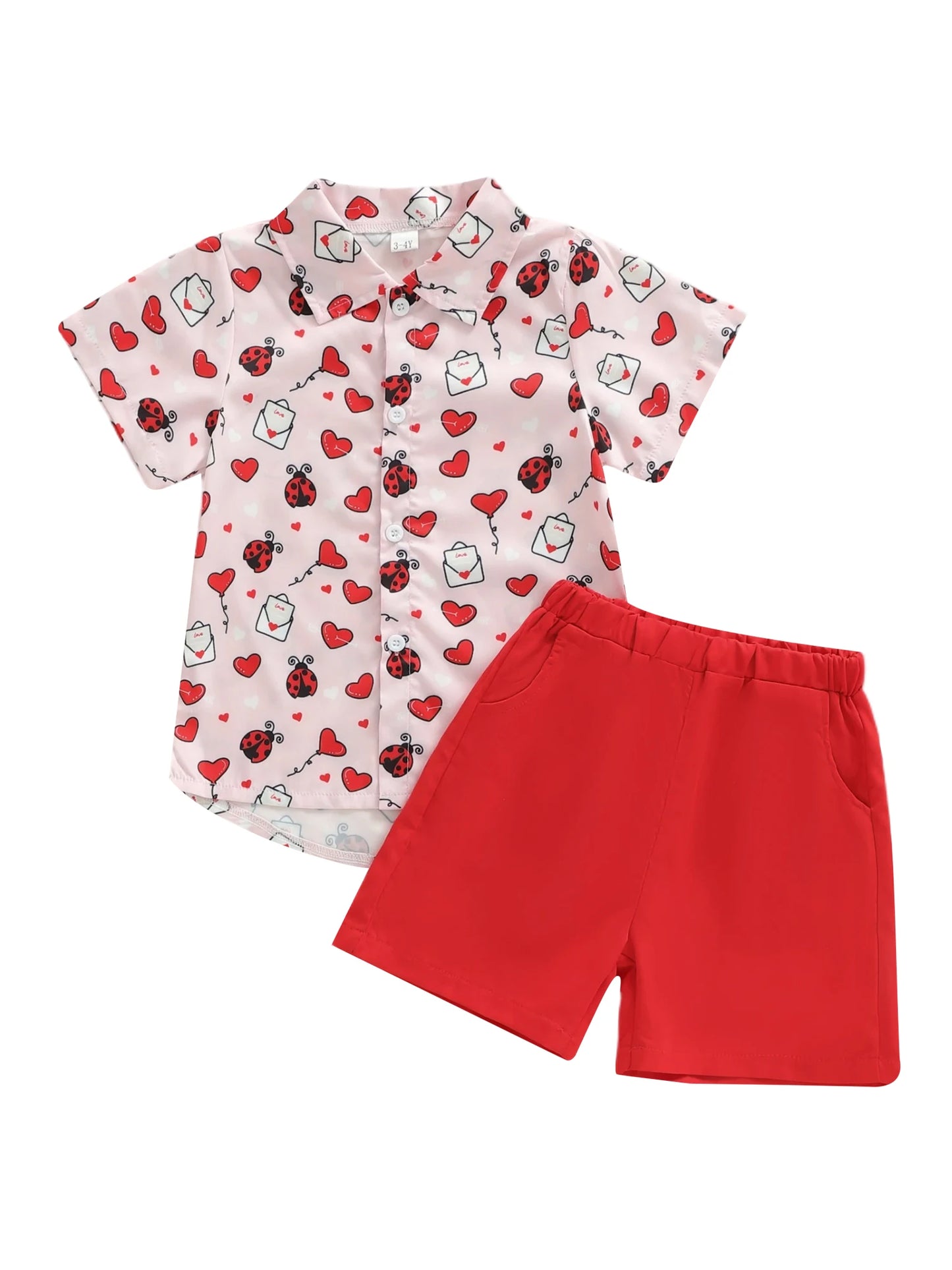 Toddler Boys Valentine's Day Gentleman Outfit Set - Heart Print Shirt & Shorts 1-5Y
