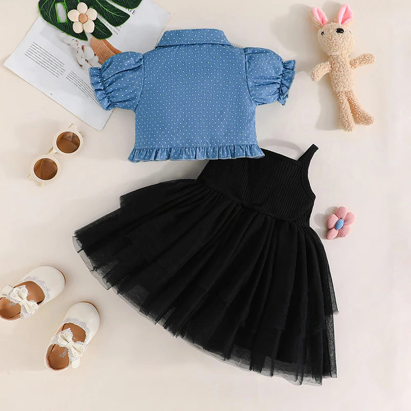 0-4Y Toddler Little Girls Summer Clothes Sets Butterfly Print Short Puff Sleeve Cardigan Tulle Strap Bow A Line Dress