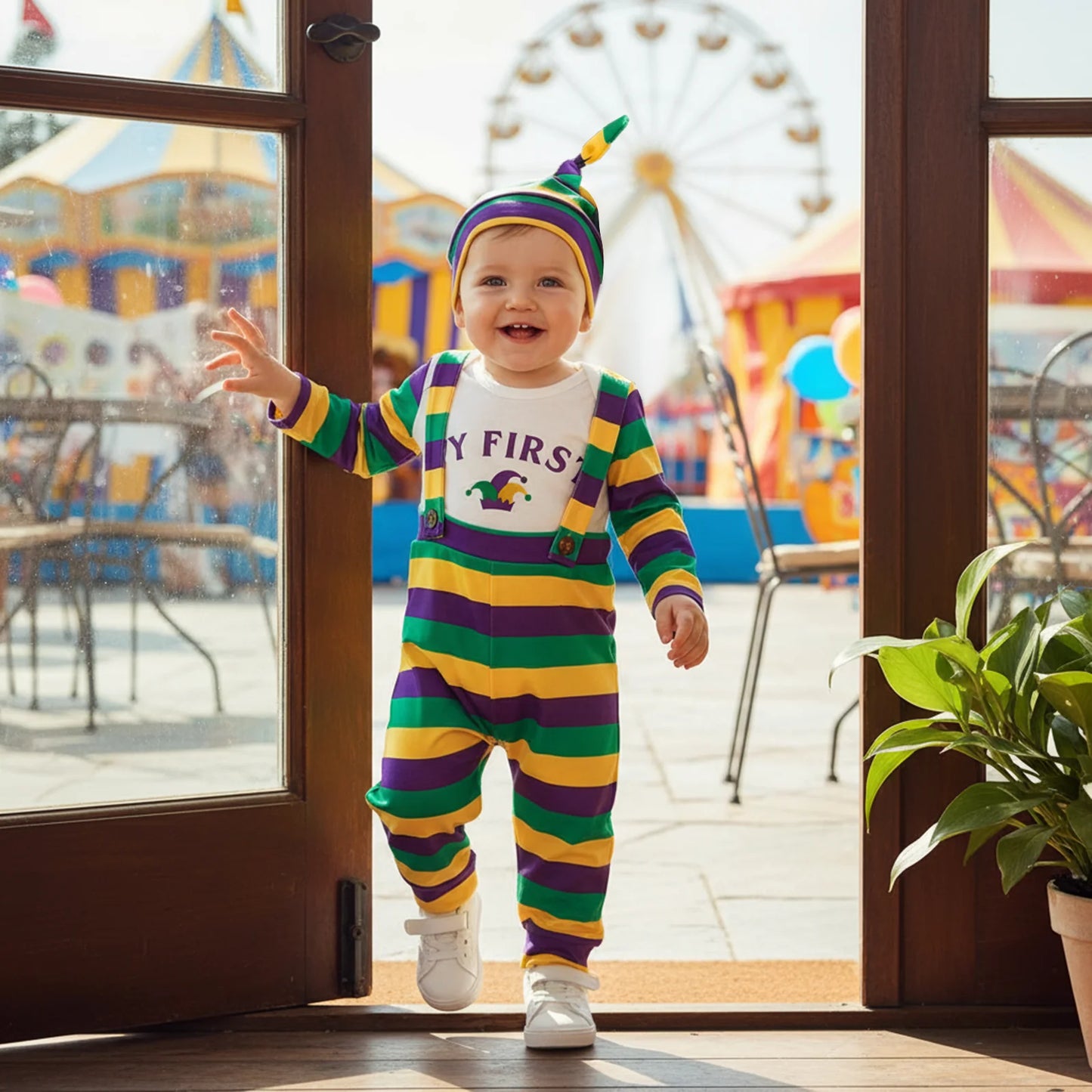 Newborn Baby Boys Outfit Set - Letter Print Striped Romper with Suspender Pants & Cap 0-12M