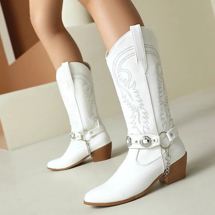 Women's Tapered Circular Metal Chain Chelsea Bohemian Pointed Leather Knee High Boots
