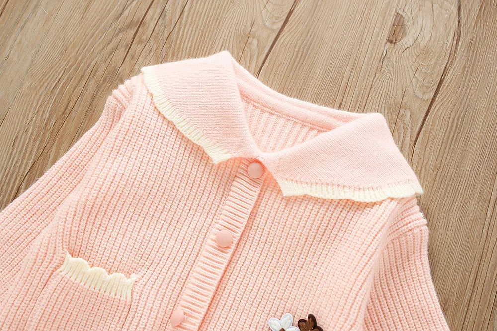 Girl's Clothes Collar Embroidery Flower Knit Cardigan Sweater and Short Skirt Two-piece Set