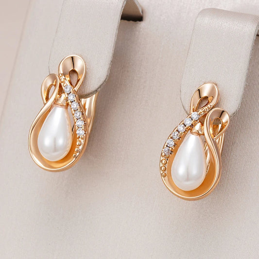 Glossy Metal Flower Pearl Dangle Earrings - Rose Gold