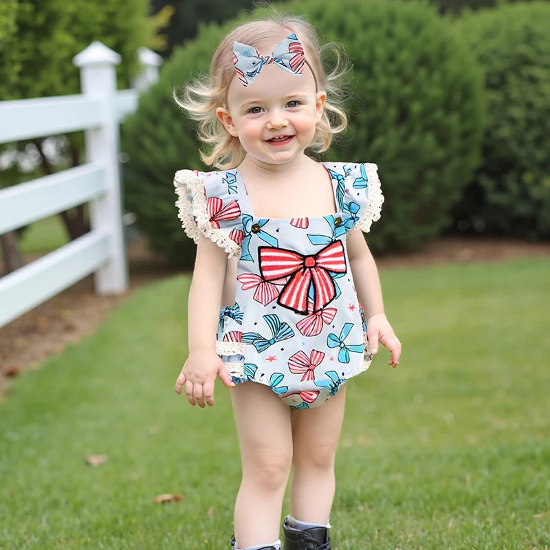 2pcs Baby Girls Independence Days Romper 0-18M Lace Flutter Sleeve Bow Embroidery Layered Hem Jumpsuit Headband