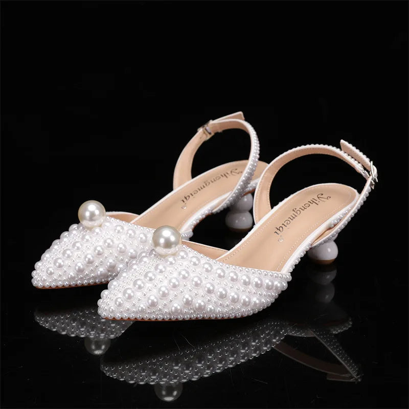 Women's 5cm Round Heel Shaped Heel Pearl Sandals