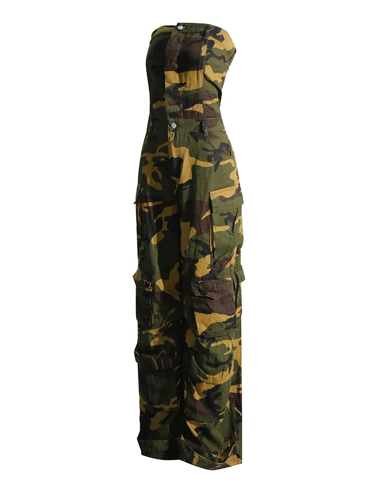 Women's Camouflage Cargo Jumpsuit  - Strapless Sleeveless High Waist Spliced Pockets Jumpsuit