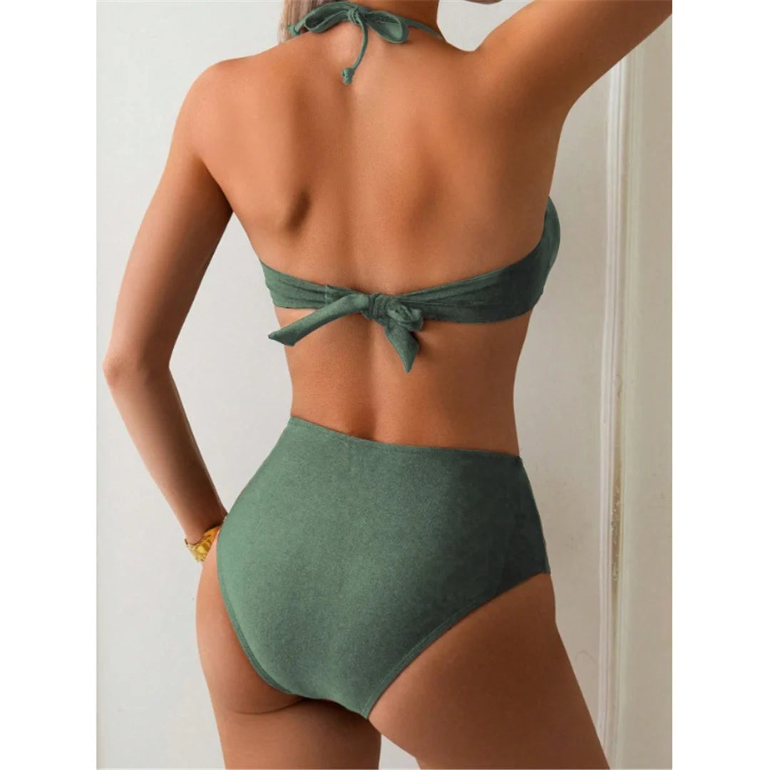 Women's Metal Ring Halter Swimsuit High Waist Bikini  Swimwear Two-pieces Bikini set