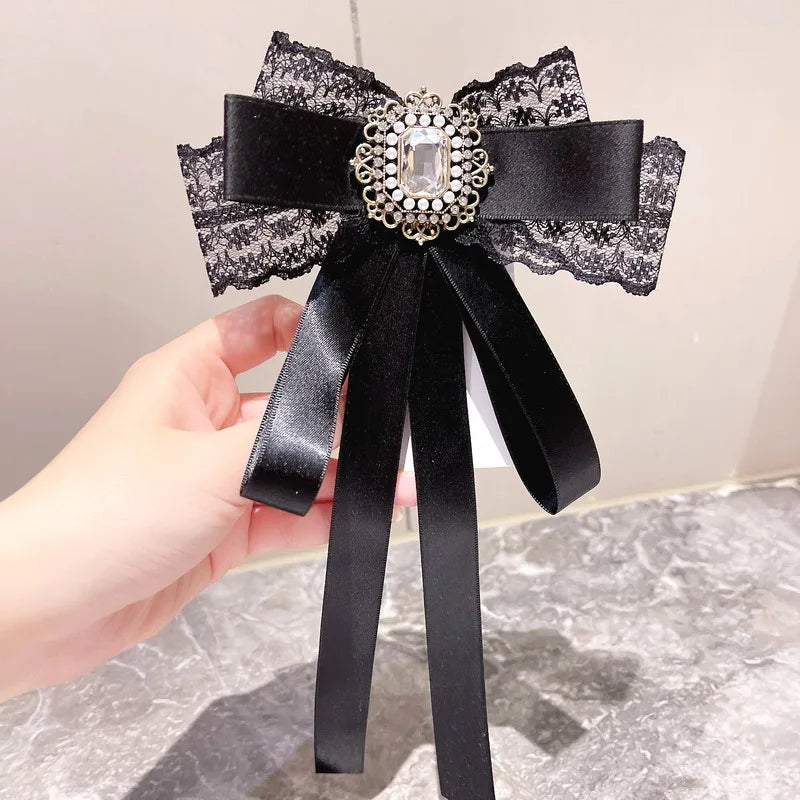Lace Bow Brooch with Crystal Rhinestones