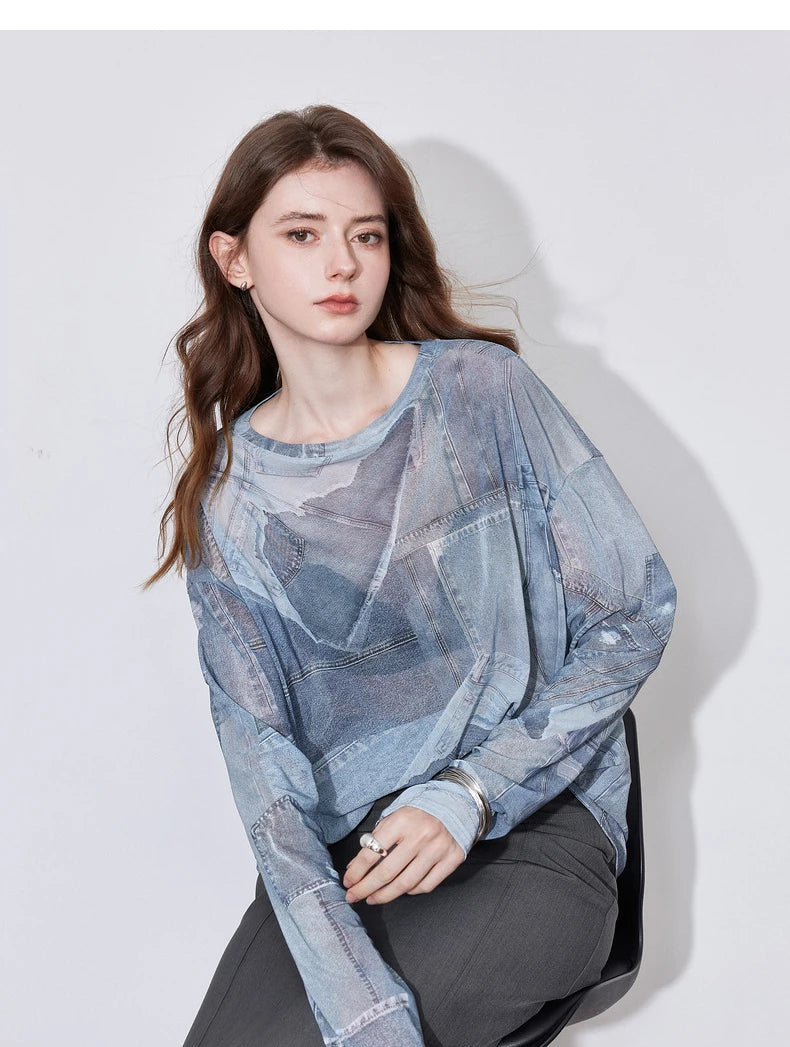 Women's Long Sleeve Denim Printed Round Neck See-through Undercover Skin T Shirt