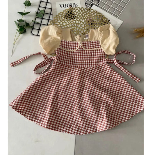 2-7Y Kids Girls Plaid Dress Short Puff Sleeve Crew Neck Patchwork A-Line Dress with Belt