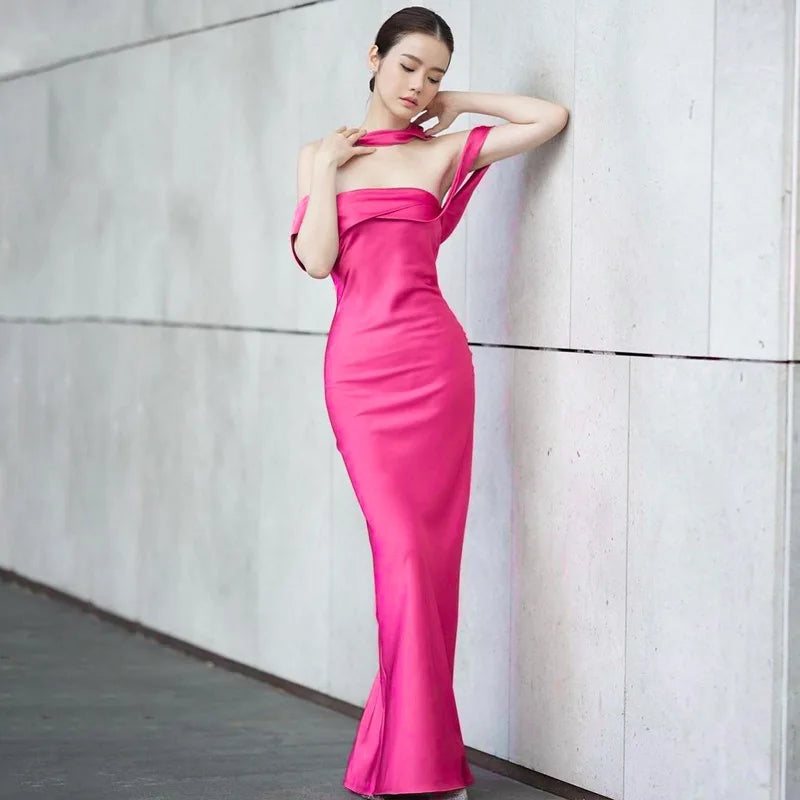 Women's Backless Long Off Shoulder Sleeveless Party Temperament Dress