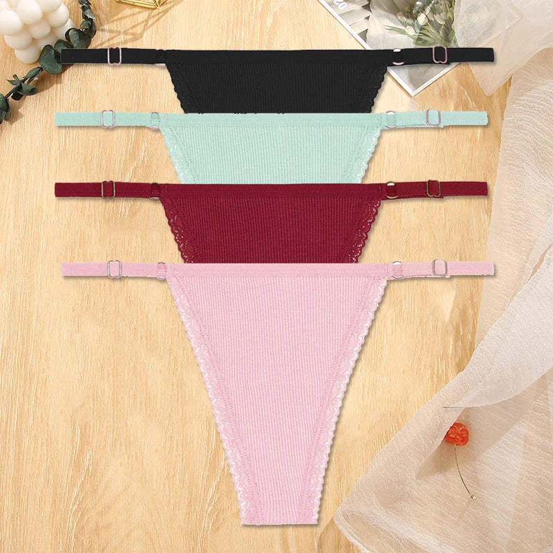 Women's Cotton Thongs 4-Piece Set - Adjustable Waistband Low-Rise Underwear