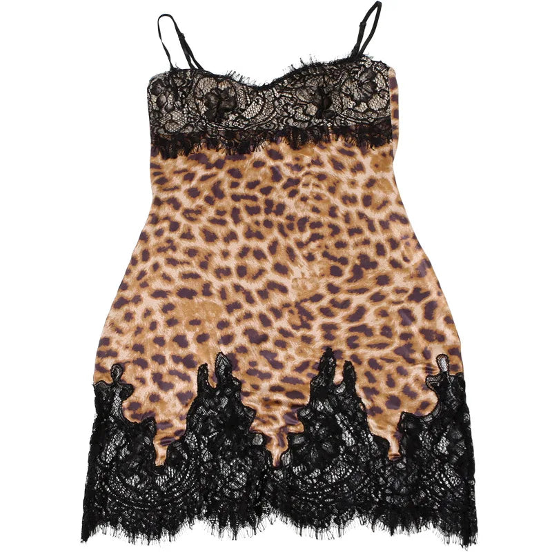 Women's Leopard Lace Sheer Mini Dress - Backless Slip Bodycon Sleepwear
