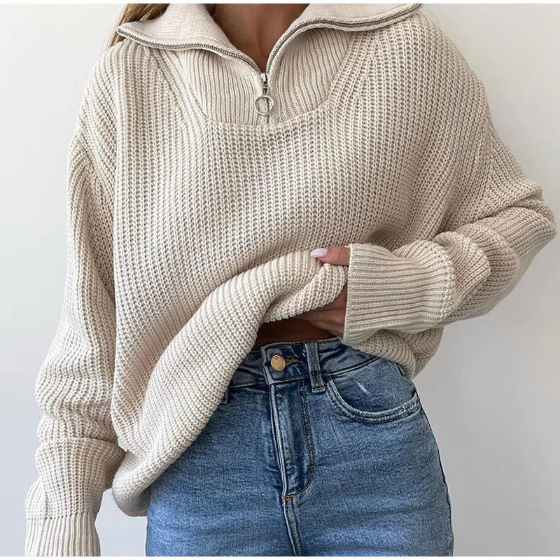 Women's Knitted Loose Zipper Lapel Pullovers Sweater