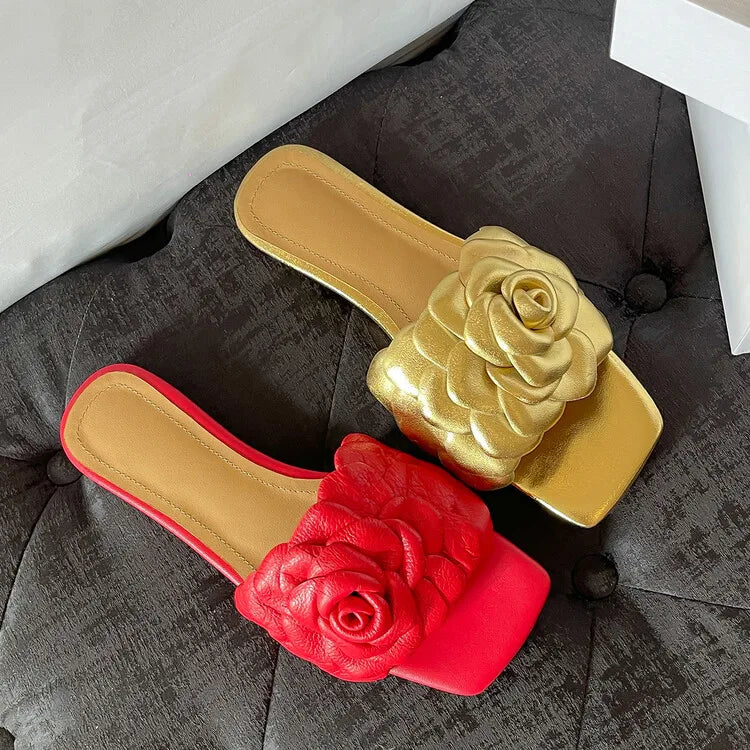 Women's 3D Flower Handmade Rose Head Layer Cowhide Open Toe Square Toe Slippers