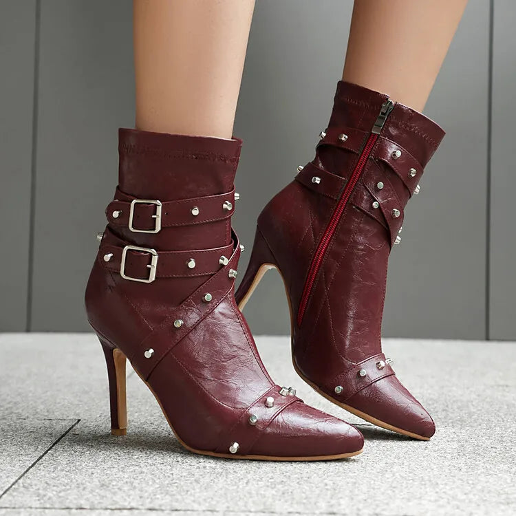 Women's Rivet Belt Buckle 10cm High Heel Short Pointed Side Zipper Leather Ankle Boots