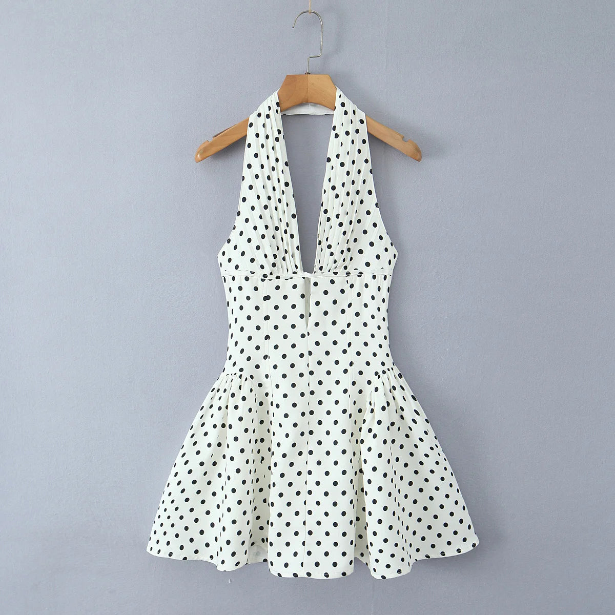 Polka Dot Halter Mini Dress - Deep V Backless A-Line Dress