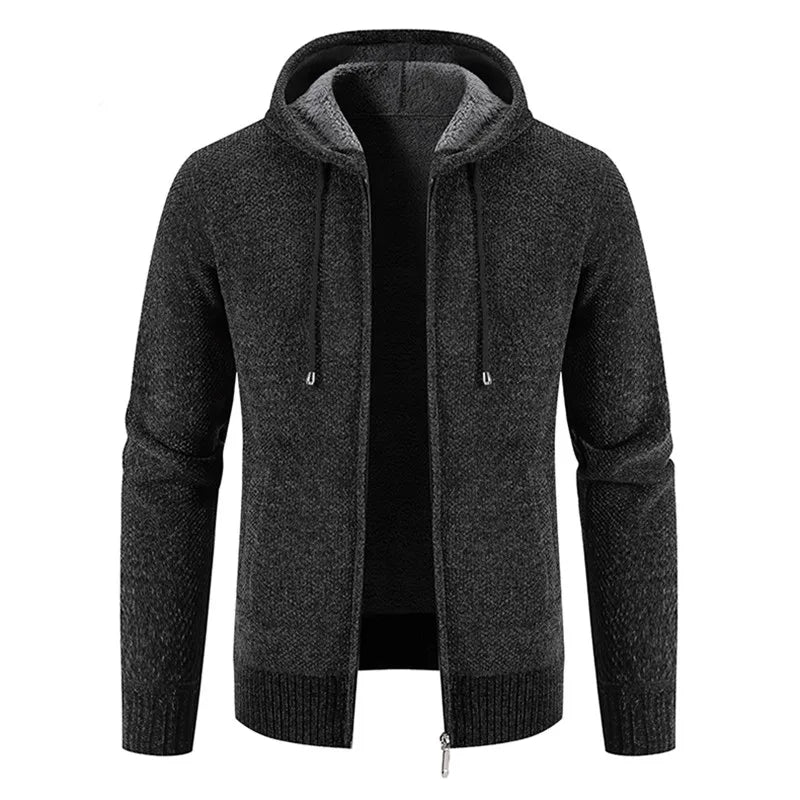 Men's Hooded Fleece Cardigan - Warm Knitted Sweater Jacket with Zipper