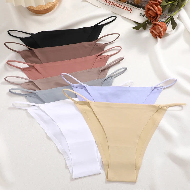 Women's 4Pcs/set Seamless Underwear Ice Silk Briefs Panties Thin Strap Lingerie