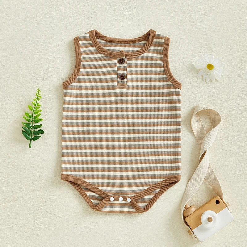 0-18M Baby Girls Boys Rompers Stripe Print Sleeveless Buttons Round Neck Summer Bodysuits Jumpsuit