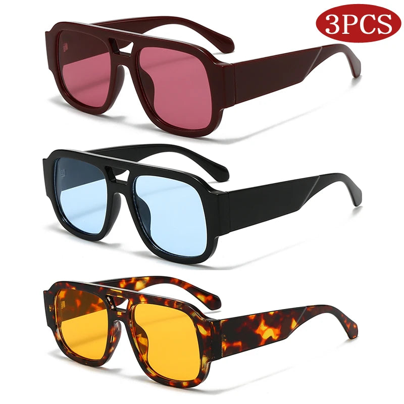 Retro Square Sunglasses - 3 Pack Large Frame Double Bridge Candy Color Eyewear