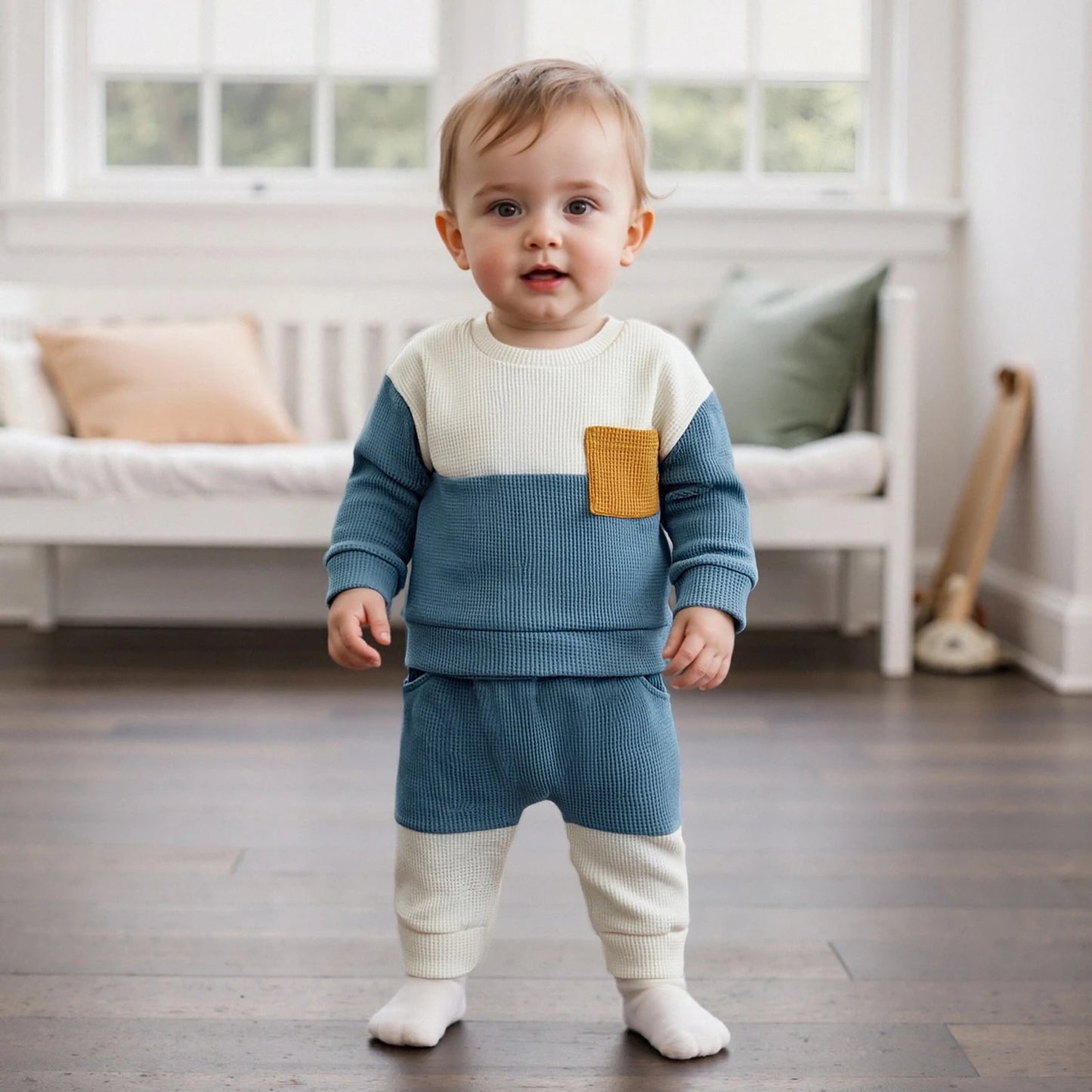 Casual Baby Boys Clothes Set - Long Sleeve Waffle Top & Elastic Waist Pants (0-3Y)