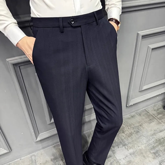 Men's Striped Suit Pants - Smart Casual Straight Trousers for Office & Wedding