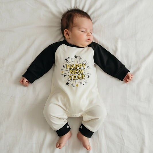 Newborn Baby Boys New Year Romper - Letter Embroidery Footless Pajamas