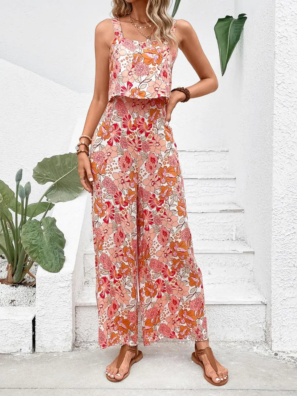 Women Elegant Long Jumpsuit - Backless Wide Leg Jumpsuits Casual Sleeveless Floral Summer Jumpsuit