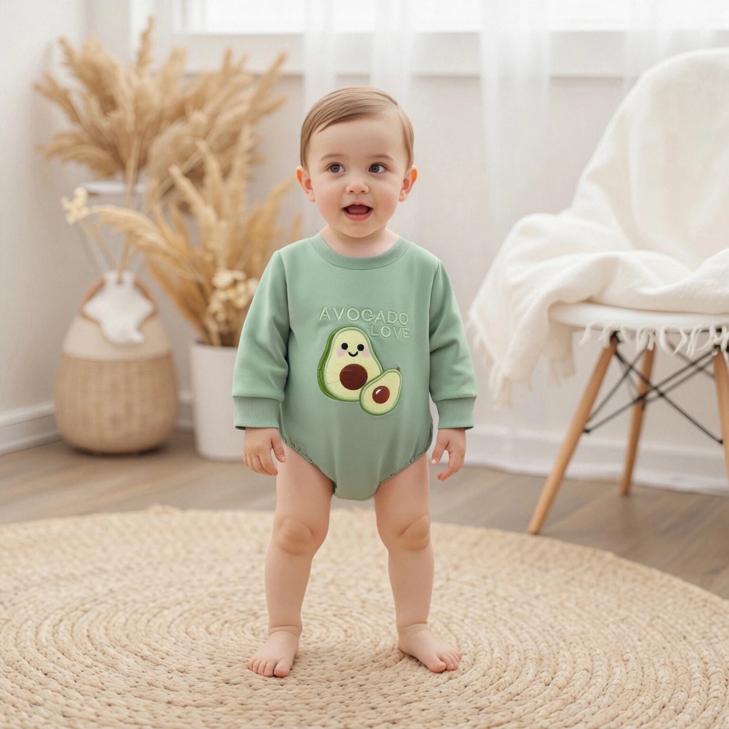 Baby Fall Winter Romper - Long Sleeve Crew Neck Embroidery Fruit Letters Bodysuit
