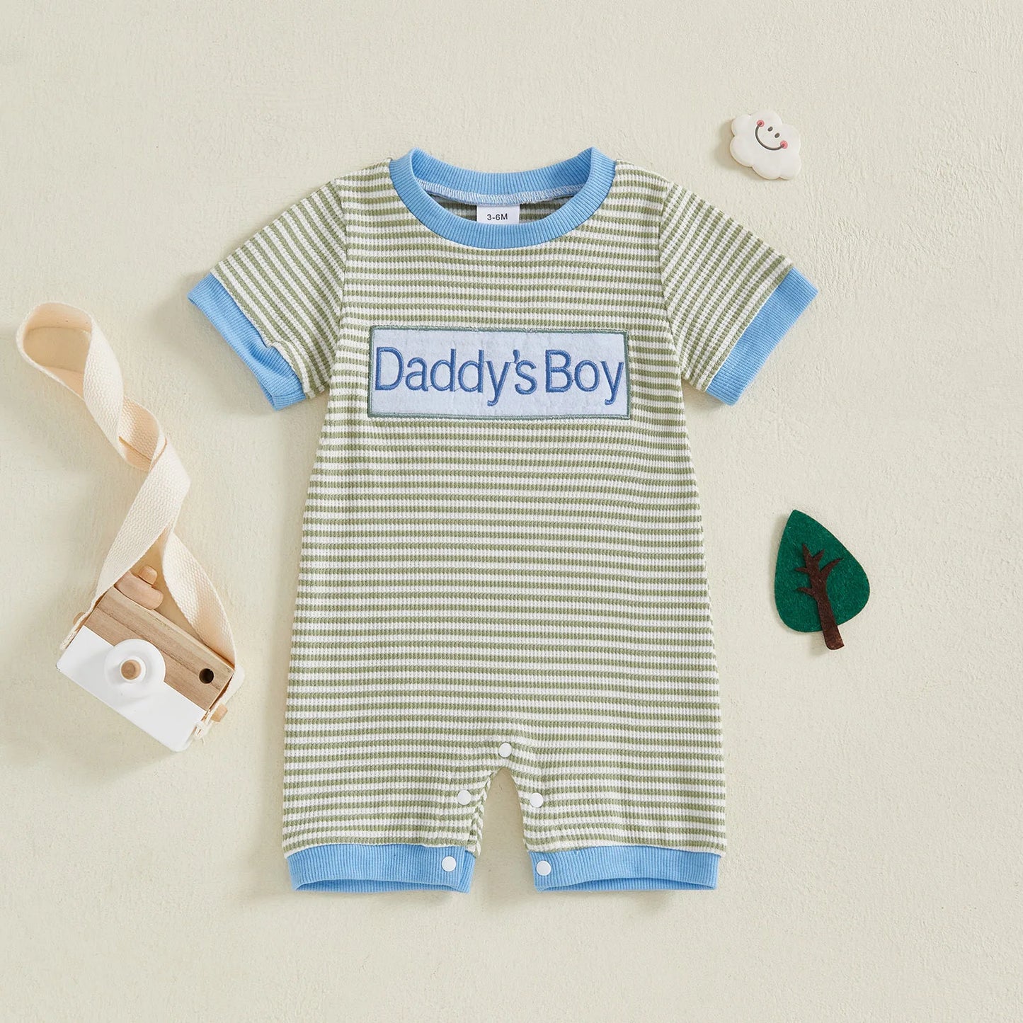 Newborn Baby Boys Summer Romper - Letter Embroidery Striped Jumpsuit (0-18M)