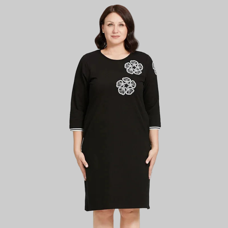Women's Oversized Floral Embroidery A-Line Midi Dress – Long Sleeve