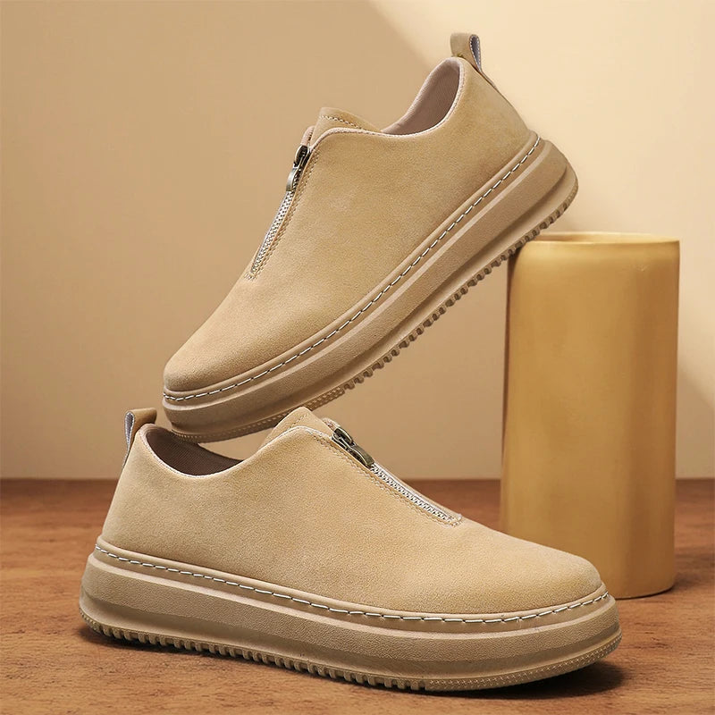 Men's Suede Leather Platform Work Shoes - Zipper Casual Business Sneakers